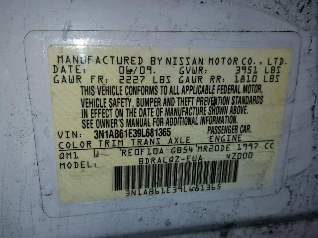 3N1AB61E39L681365 - 2009 NISSAN SENTRA 2.0 WHITE photo 10