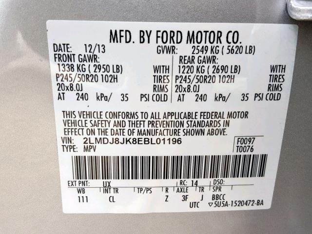 2LMDJ8JK8EBL01196 - 2014 LINCOLN MKX 银色 照片 10