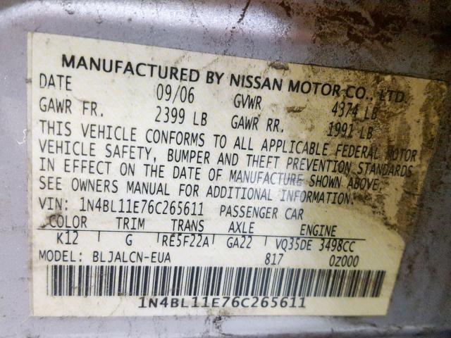 1N4BL11E76C265611 - 2006 NISSAN ALTIMA SE SILVER photo 10