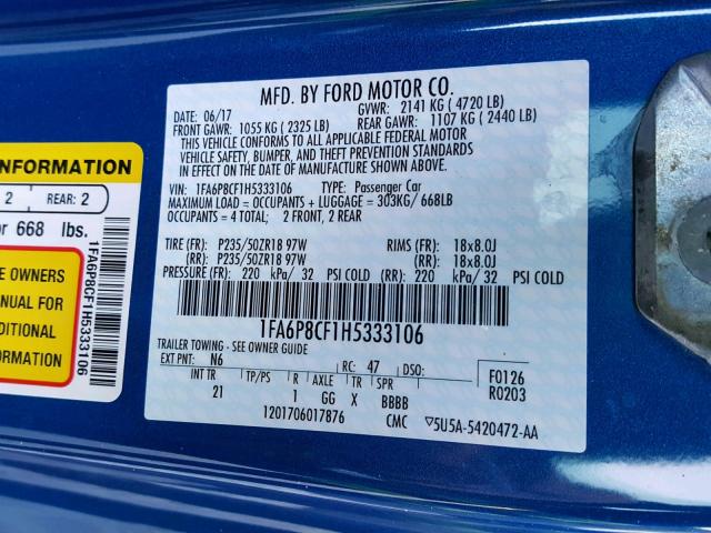 1FA6P8CF1H5333106 - 2017 FORD MUSTANG GT BLUE photo 10