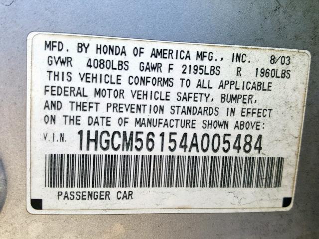 1HGCM56154A005484 - 2004 HONDA ACCORD DX SILVER photo 10