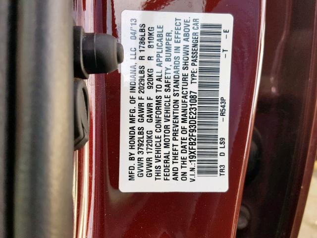 19XFB2F93DE231087 - 2013 HONDA CIVIC EXL BURGUNDY photo 10