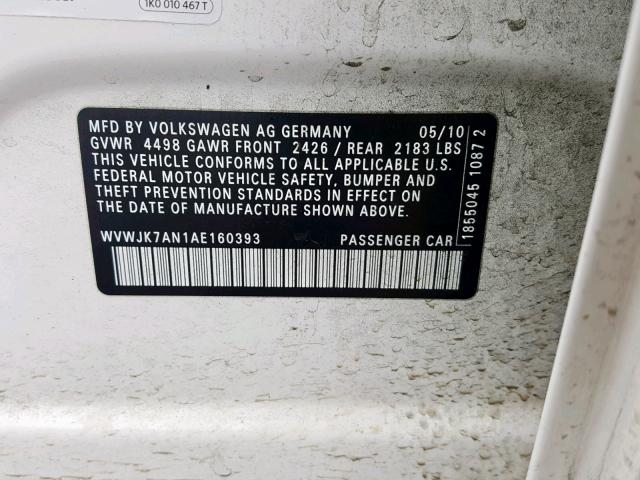 WVWJK7AN1AE160393 - 2010 VOLKSWAGEN PASSAT KOM WHITE photo 10