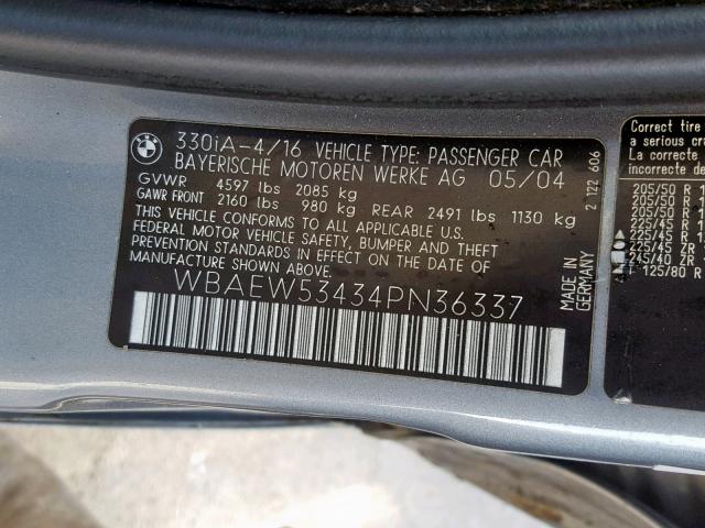 WBAEW53434PN36337 - 2004 BMW 330 XI CHARCOAL photo 10