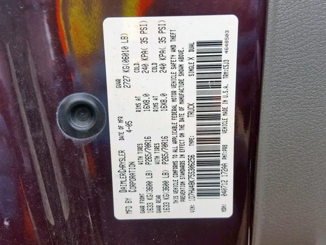 1D7HW48K75S306256 - 2005 DODGE DAKOTA QUA MAROON photo 10