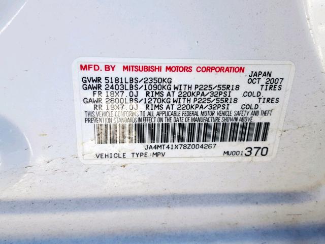 JA4MT41X78Z004267 - 2008 MITSUBISHI OUTLANDER WHITE photo 10