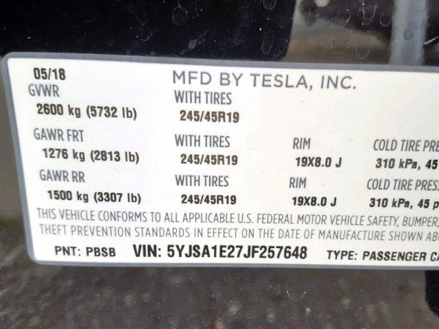 5YJSA1E27JF257648 - 2018 TESLA MODEL S BLACK photo 10