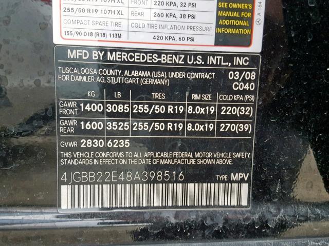 4JGBB22E48A398516 - 2008 MERCEDES-BENZ ML 320 CDI BLACK photo 10