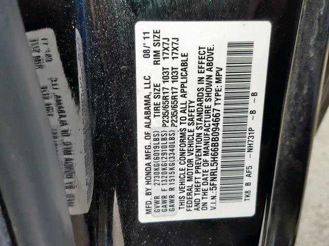 5FNRL5H66BB094667 - 2011 HONDA ODYSSEY EX BLACK photo 10