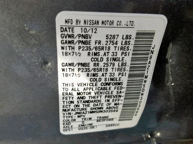 JN8AZ1MW5DW303569 - 2013 NISSAN MURANO S Graphit Foto 10