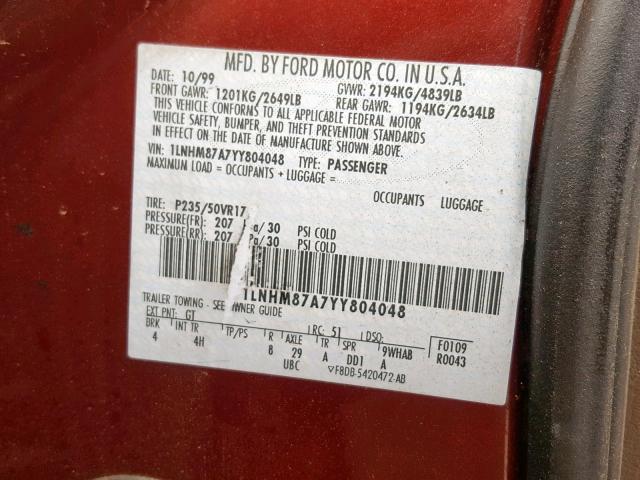 1LNHM87A7YY804048 - 2000 LINCOLN LS RED photo 10