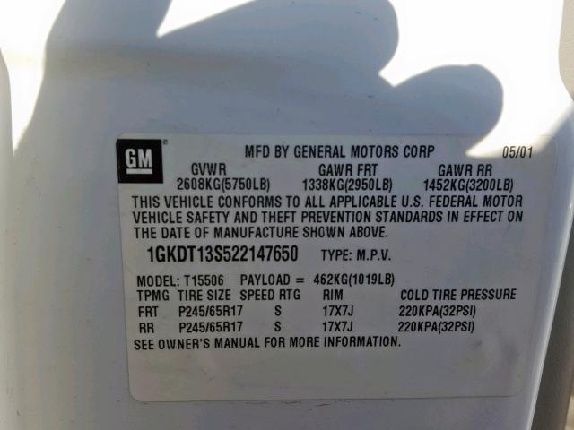 1GKDT13S522147650 - 2002 GMC ENVOY WHITE photo 10