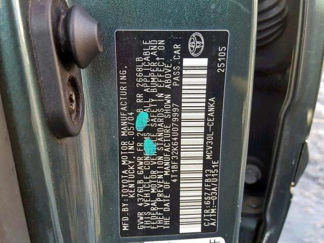 4T1BF32K64U079997 - 2004 TOYOTA CAMRY LE GREEN photo 10