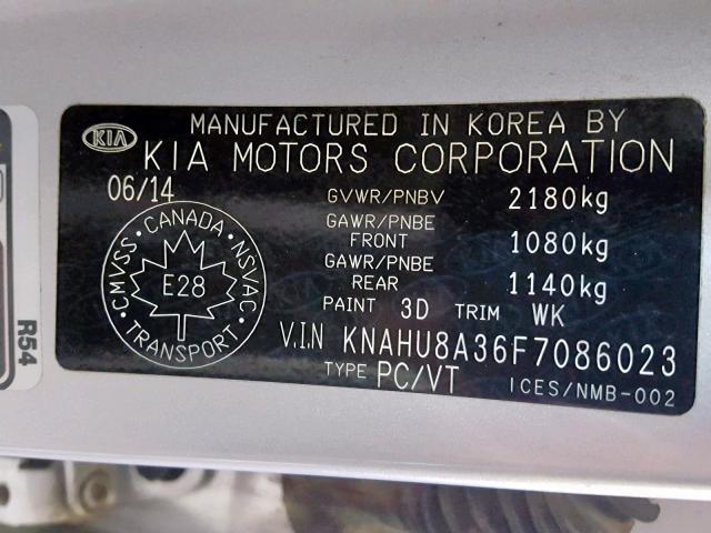 KNAHU8A36F7086023 - 2015 KIA RONDO SILVER photo 10