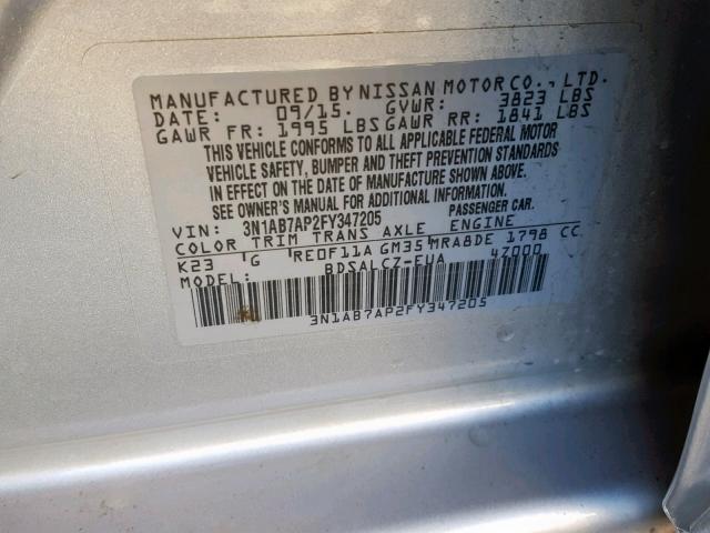 3N1AB7AP2FY347205 - 2015 NISSAN SENTRA S SILVER photo 10