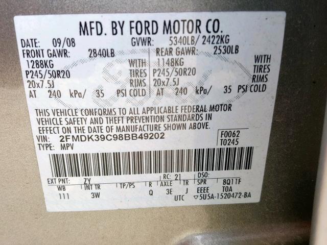 2FMDK39C98BB49202 - 2008 FORD EDGE LIMIT GRAY photo 10