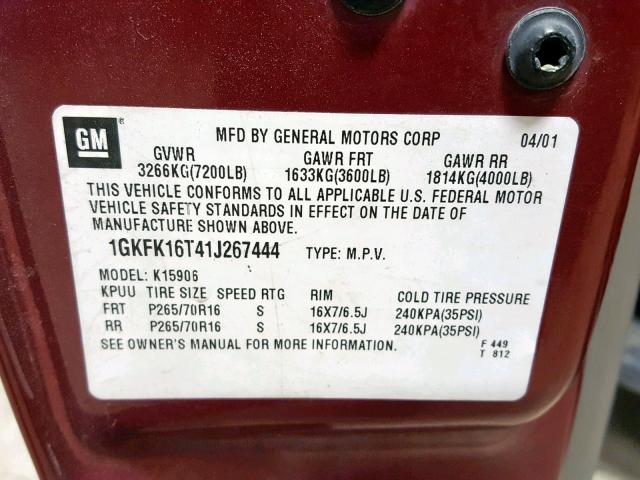 1GKFK16T41J267444 - 2001 GMC YUKON XL K MAROON photo 10