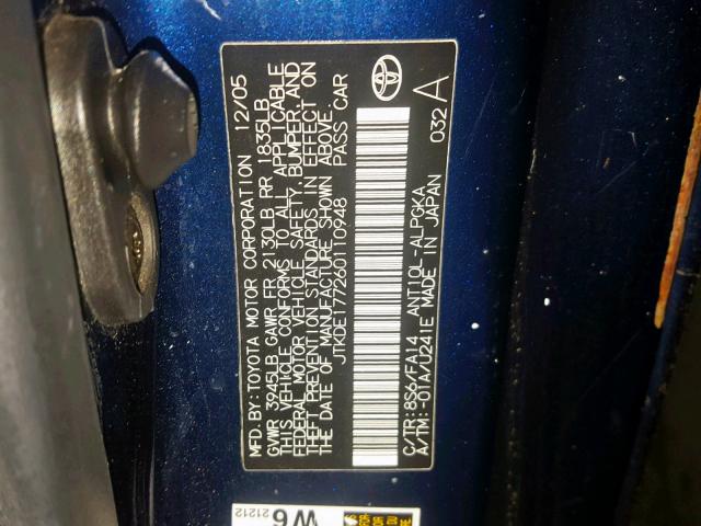 JTKDE177260110948 - 2006 TOYOTA SCION TC 蓝色 照片 10