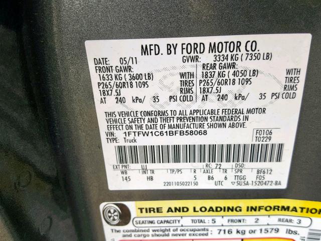 1FTFW1C61BFB58068 - 2011 FORD F150 SUPER GRAY photo 10