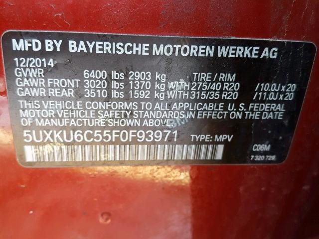 5UXKU6C55F0F93971 - 2015 BMW X6 XDRIVE5 RED photo 10