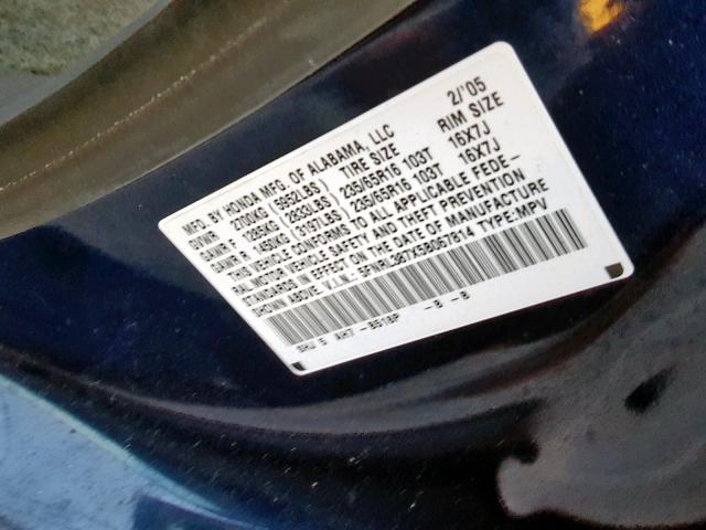 5FNRL387X5B067814 - 2005 HONDA ODYSSEY EX BLUE photo 10