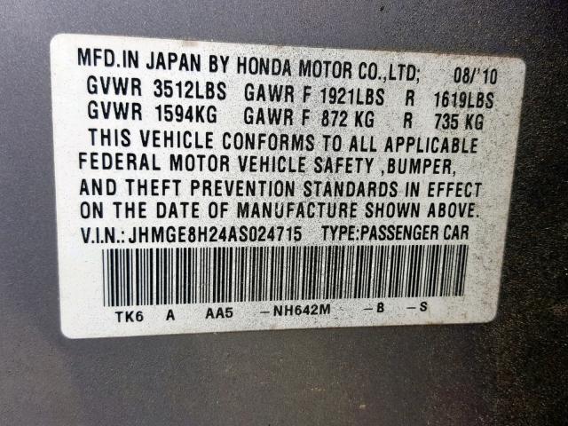 JHMGE8H24AS024715 - 2010 HONDA FIT GRAY photo 10