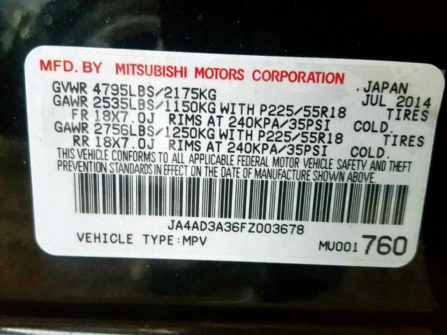 JA4AD3A36FZ003678 - 2015 MITSUBISHI OUTLANDER BLACK photo 10