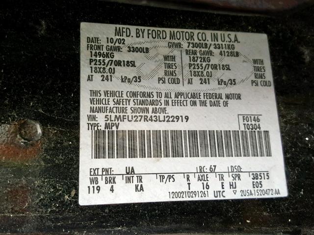 5LMFU27R43LJ22919 - 2003 LINCOLN NAVIGATOR 黑色 照片 10