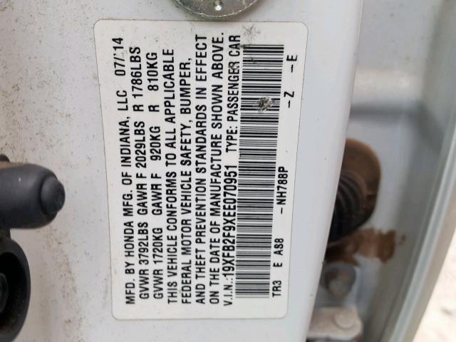 19XFB2F9XEE070951 - 2014 HONDA CIVIC EXL 白色 照片 10