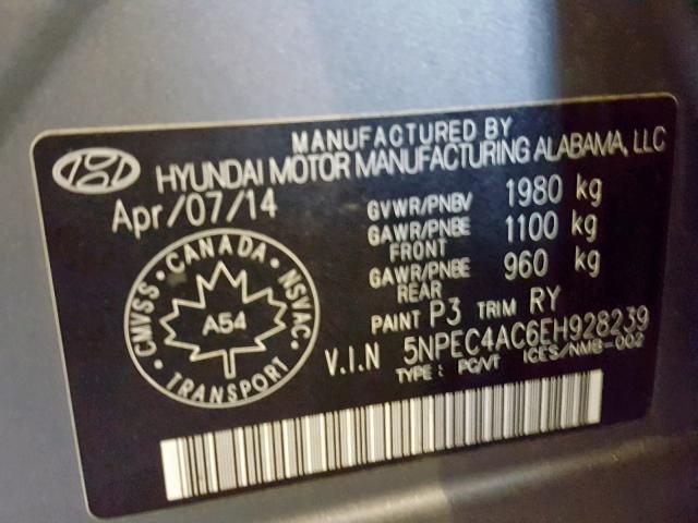 5NPEC4AC6EH928239 - 2014 HYUNDAI SONATA SE GRAY photo 10