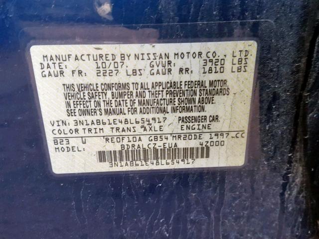 3N1AB61E48L654917 - 2008 NISSAN SENTRA 2.0 BLUE photo 10