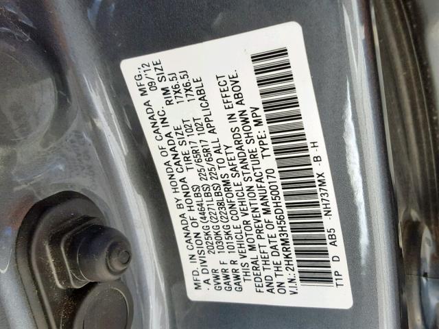 2HKRM3H56DH500170 - 2013 HONDA CR-V EX GRAY photo 10