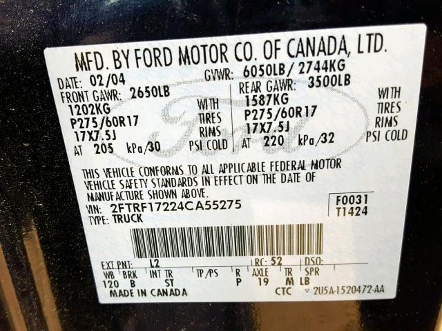 2FTRF17224CA55275 - 2004 FORD F-150 HERI BLUE photo 10