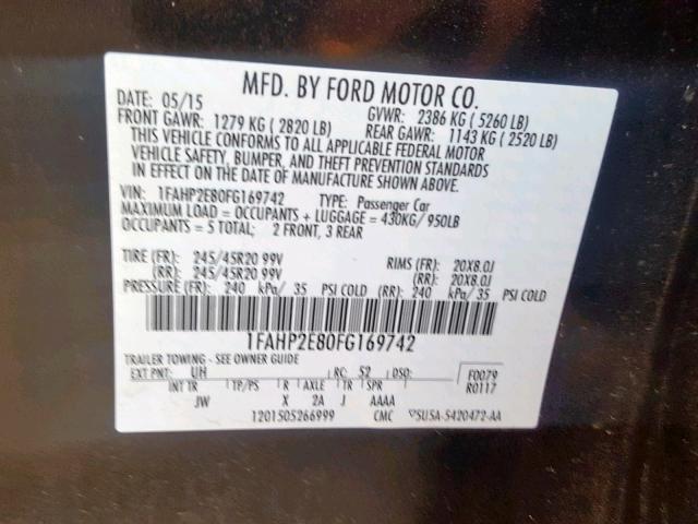 1FAHP2E80FG169742 - 2015 FORD TAURUS SEL BLACK photo 10