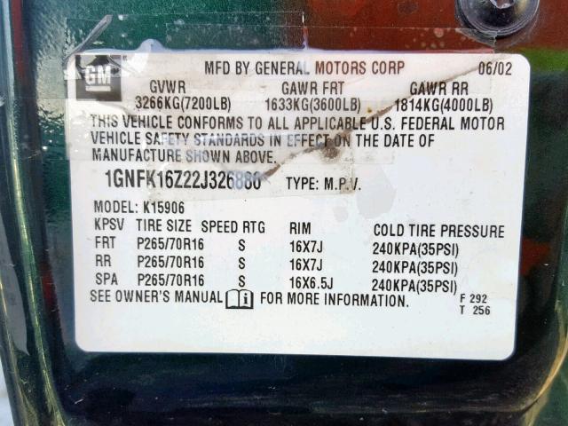 1GNFK16Z22J326886 - 2002 CHEVROLET SUBURBAN K GREEN photo 10