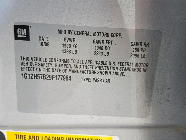 1G1ZH57B29F177964 - 2009 CHEVROLET MALIBU 1LT 银色 照片 10