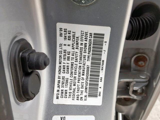 JHMFA3F20AS000067 - 2010 HONDA CIVIC HYBR SILVER photo 10