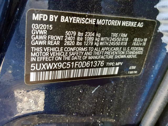 5UXWX9C51F0D61376 - 2015 BMW X3 XDRIVE2 BLUE photo 10