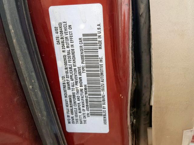 4S3BH686427663644 - 2002 SUBARU LEGACY OUT RED photo 10