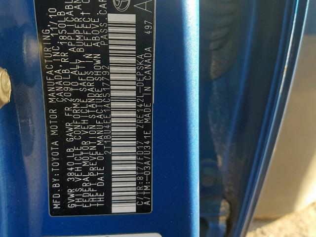 2T1BU4EE1AC517792 - 2010 TOYOTA COROLLA 蓝色 照片 10