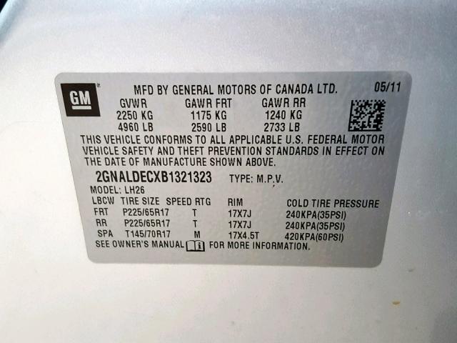 2GNALDECXB1321323 - 2011 CHEVROLET EQUINOX LT ვერცხლისფერი ფოტო 10