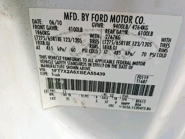 1FT7X2A6XBEA55439 - 2011 FORD F250 SUPER WHITE photo 10