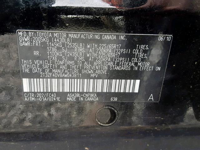 2T3ZF4DV8AW043811 - 2010 TOYOTA RAV4 BLACK photo 10