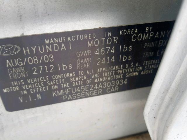 KMHFU45E24A303934 - 2004 HYUNDAI XG 350 GRAY photo 10