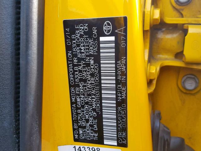 JTDKDTB31E1062420 - 2014 TOYOTA PRIUS C YELLOW photo 10