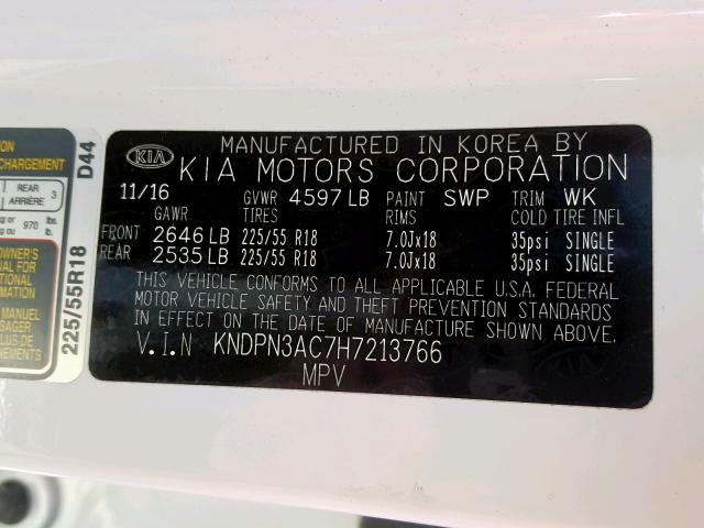 KNDPN3AC7H7213766 - 2017 KIA SPORTAGE E WHITE photo 10