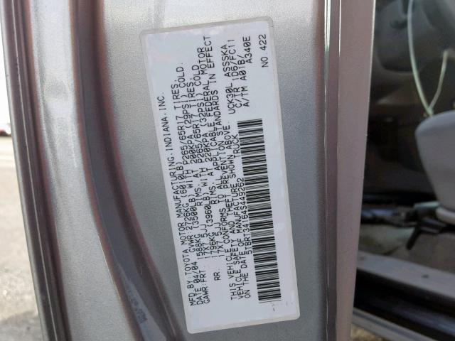 5TBRT34164S449262 - 2004 TOYOTA TUNDRA ACC SILVER photo 10