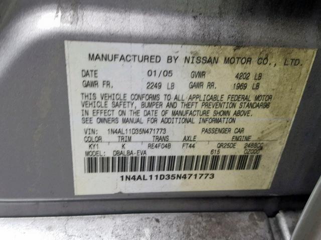 1N4AL11D35N471773 - 2005 NISSAN ALTIMA S Silber Foto 10