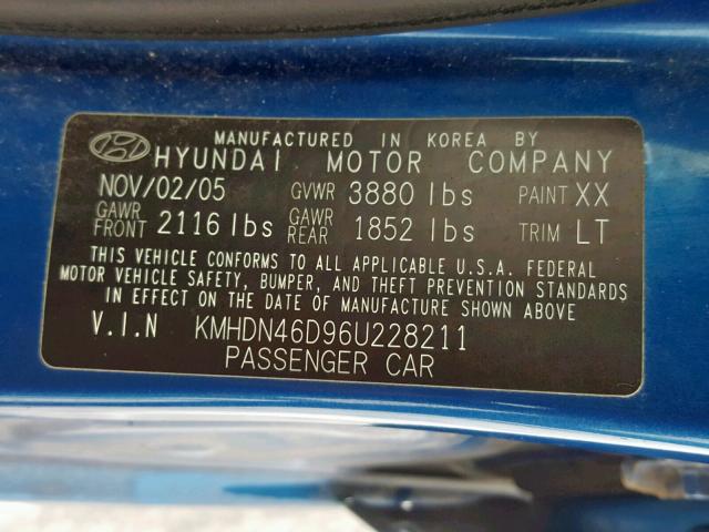 KMHDN46D96U228211 - 2006 HYUNDAI ELANTRA GL BLUE photo 10