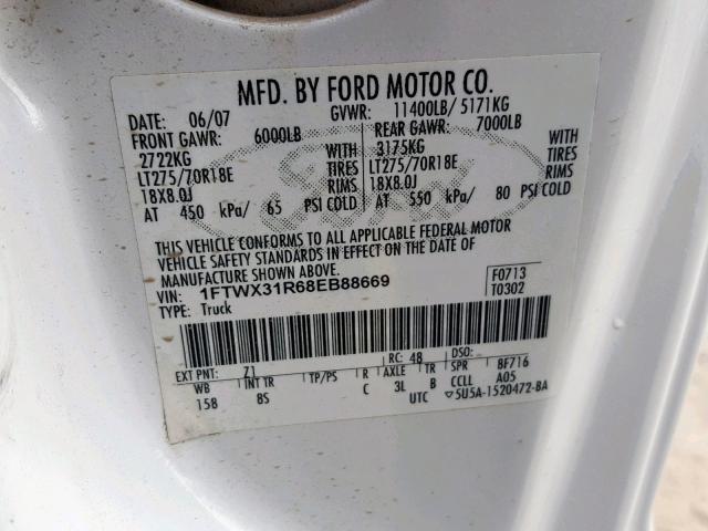 1FTWX31R68EB88669 - 2008 FORD F350 SRW S WHITE photo 10